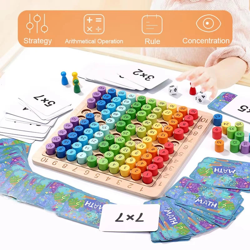 Juego matemático de madera Montessori: Juego de mesa de multiplicación para que los niños aprendan a desarrollar su pensamiento matemático exponencial.